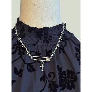 Silver Tone Safety Pin Cross Necklace 16-18 inches